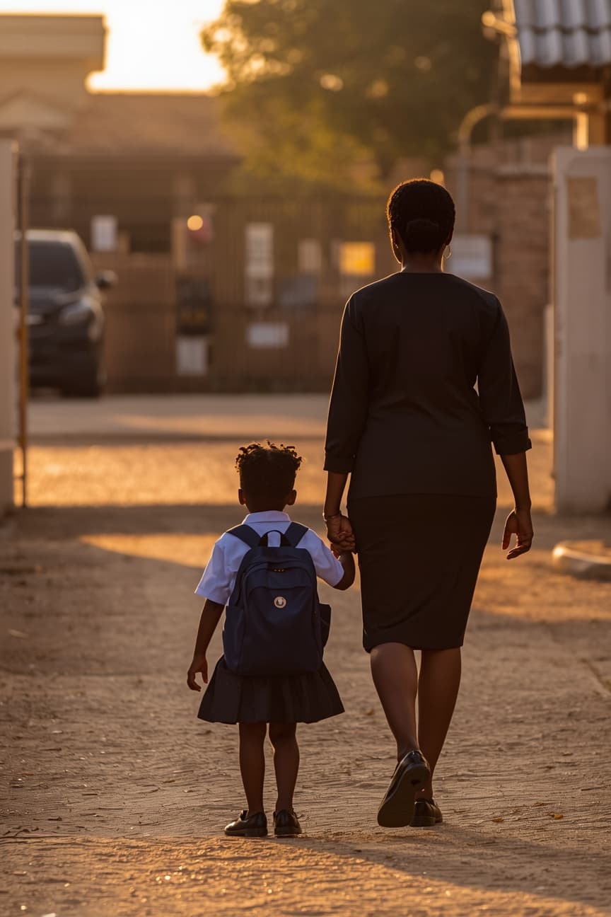 A mother and her young daughter in school uniform walking hand in hand towards a school gate.