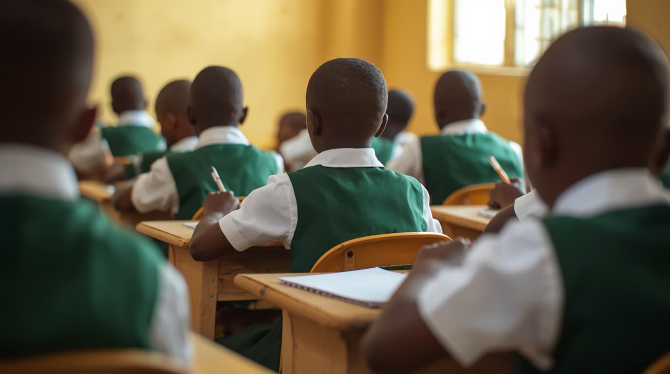 Pupils in green and white uniforms writing at their desks, seen from behind.